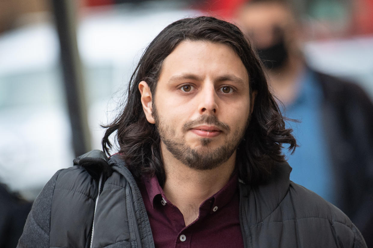 Nicholas Nelson, 31, from North Walsham in Norfolk, arrives at Westminster Magistrates Court where he is appearing for sending abusive emails and phone calls to independent peer John Mann, Labour MP Margaret Hodge and former Labour MP Louise Ellman.