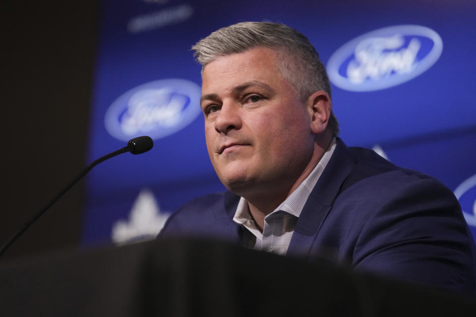 Toronto Maple Leafs head coach Sheldon Keefe speaks to the media at an end of season press conference in Toronto Monday, May 6, 2024. The Maple Leafs lost to the Boston Bruins in the first round of the Stanley Cup NHL hockey playoffs. (Chris Young/The Canadian Press via AP)