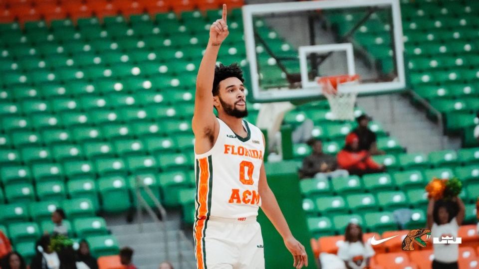 Florida A&M University men's basketball guard Dimingus Stevens (0) celebrates during a game against Mississippi Valley State University at Lawson Center, Tallahassee, Florida, Monday, Jan. 16, 2023