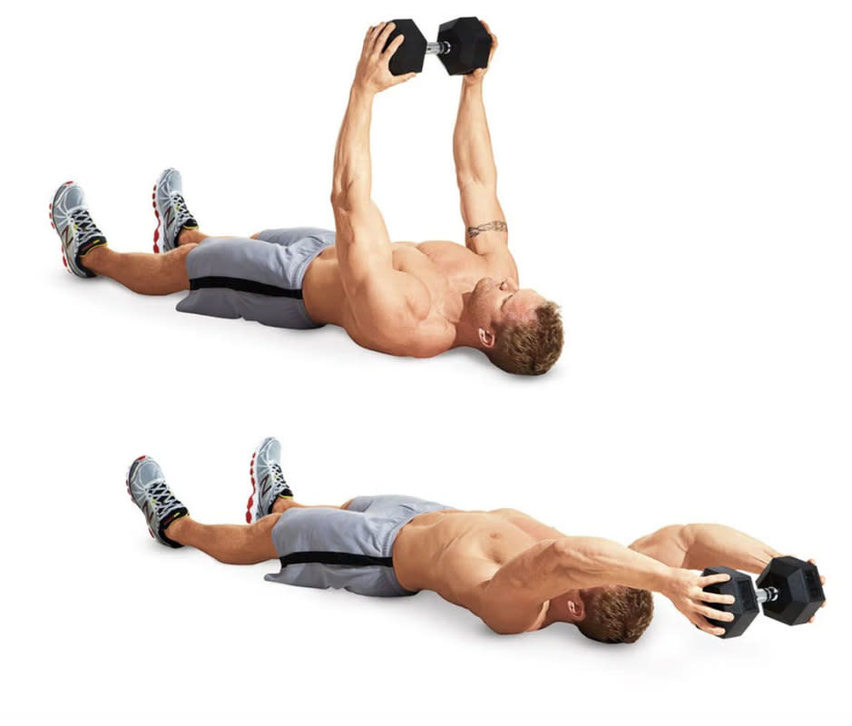 <p>Lie on your back on the floor and hold a dumbbell by its ends overhead with both hands, to start. Press the weight over your chest, then reach back over your head, bending your elbows slightly. Continue until you feel a stretch in your lats, then pull the dumbbell back over your chest. Take a deep breath every time you lower the dumbbell behind you. That's 1 rep. Repeat.</p>