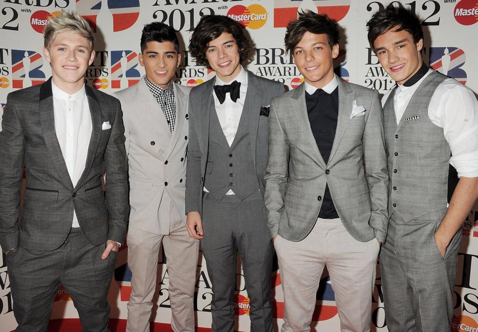 Niall Horan, Zayn Malik, Harry Styles, Louis Tomlinson and Liam Payne of One Direction arrive at the BRIT Awards 2012 at O2 Arena on February 21, 2012 in London, England