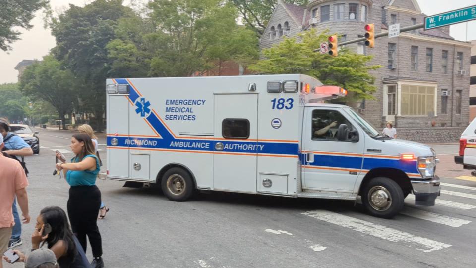 An emergency vehicle makes its way after a gunman opened fire, according to the police sources, in Richmond, Virginia US on 6 June 2023, in this screen grab obtained from a social media video (Reuters)