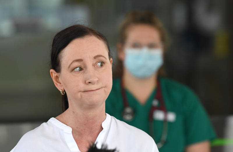 Queensland Health Minister Yvette D'Ath is seen during a press conference at Redcliffe Hospital where she clarified a mistruth being shared by the anti-vax community..