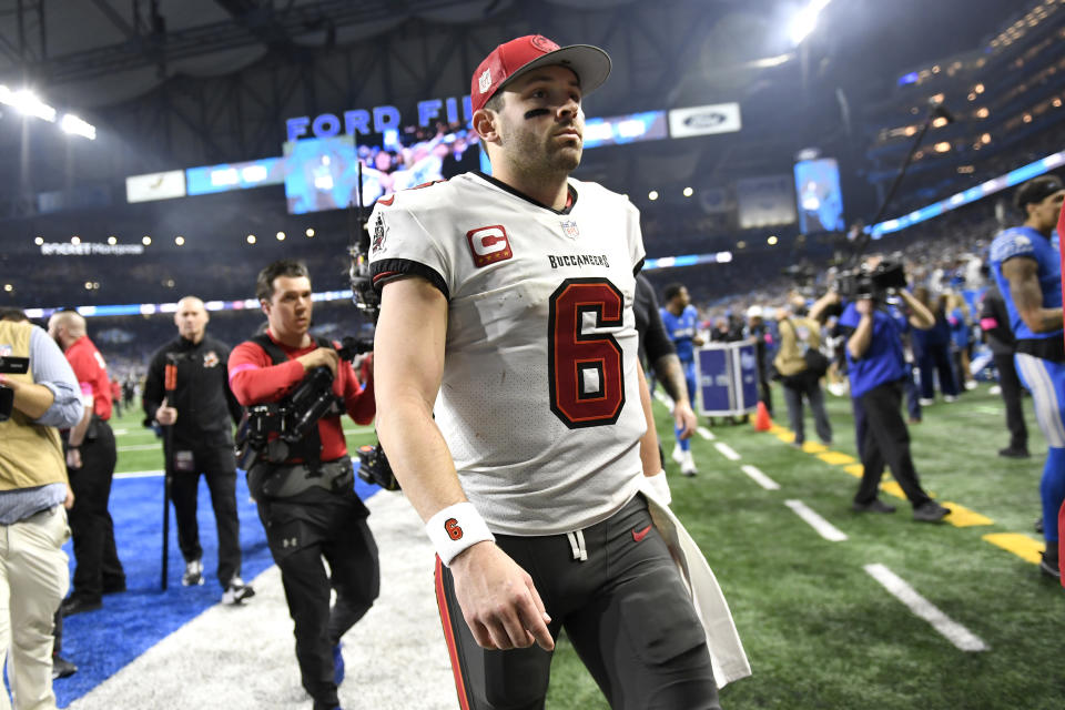 Tampa Bay Buccaneers quarterback Baker Mayfield leaves the field following an NFL football NFC divisional playoff game against the Detroit Lions, Sunday, Jan. 21, 2024, in Detroit. The Lions won 31-23. (AP Photo/Jose Juarez)