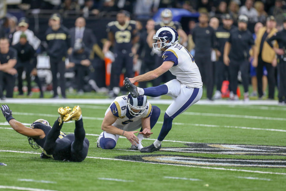 Rams kicker Greg Zuerlein is recovering from a foot injury he suffered in the NFC title game. (Getty Images)