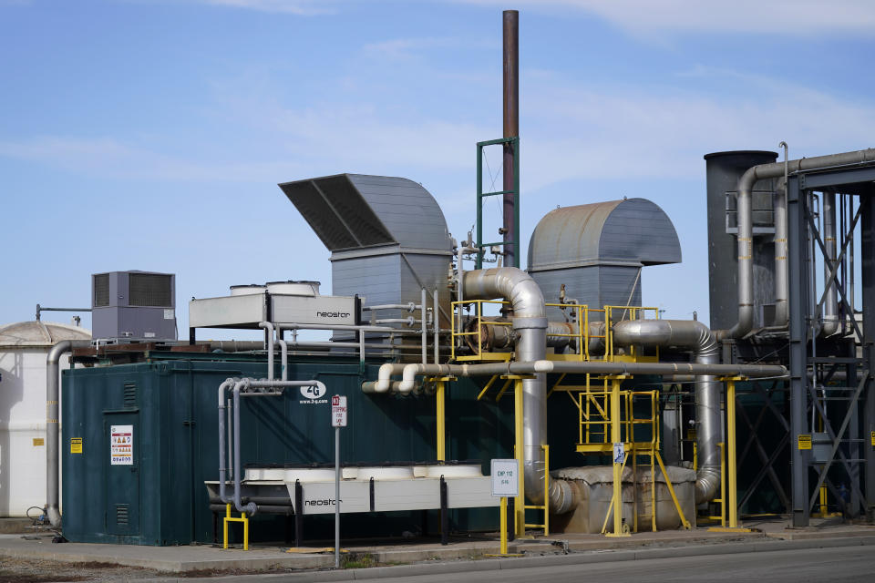 Generators that will convert biogas into electricity sit at a GreenWaste Zanker Resource Recovery Facility in San Jose, Calif., Friday, Oct. 27, 2023. For the first time since the 1990s, the EPA updated its ranking of preferred strategies for waste reduction, ranging from preventing wasted food altogether (by not producing or buying it in the first place) to composting or anaerobic digestion, a process by which food waste can be turned into energy in the form of biogas. (AP Photo/Jeff Chiu)