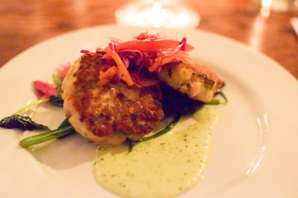 Asian-style scup fish cake with pickled vegetables served at Eating With the Ecosystem dinner at Matunuck Oyster Bar.