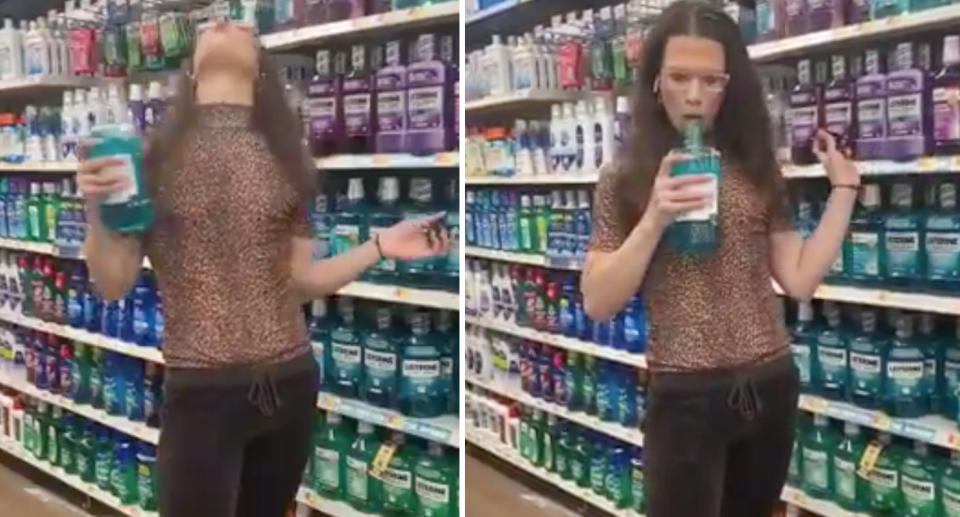 Photo from disturbing footage showed the individual gargling then spitting out the mouthwash at a Walmart in San Jose.