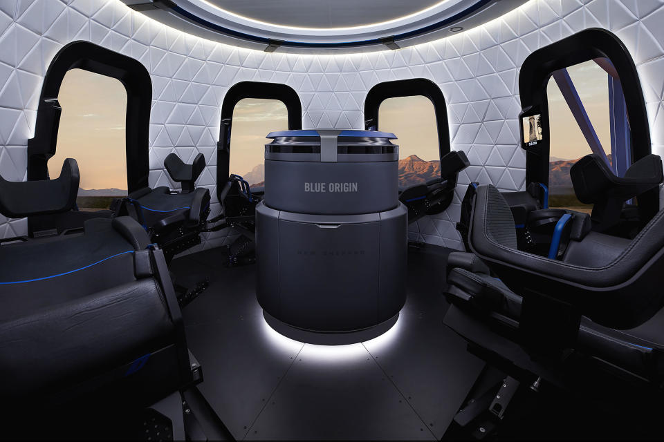 A view of the interior of Blue Origin's New Shepard spacecraft, with room for six passengers. / Credit: Michael Craft Photography/blueorigin.com