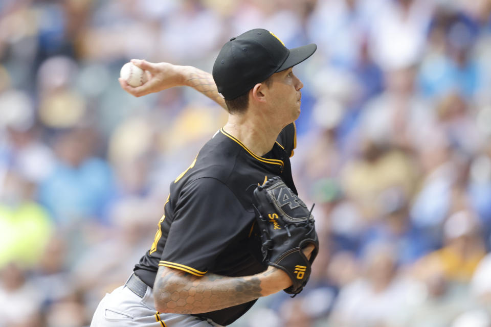 Pittsburgh Pirates starting pitcher Steven Brault throws to the Milwaukee Brewers during the first inning of a baseball game Wednesday, Aug. 4, 2021, in Milwaukee. (AP Photo/Jeffrey Phelps)