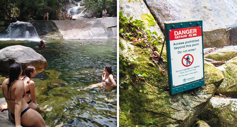A group of women lounge in Josephine Falls (Left). A danger sign at the falls (Right)