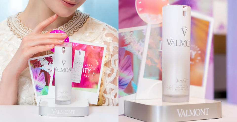 2024防曬新品推薦：Valmont 煥白造光防曬乳 SPF50  PA++++ NT.6,000／這支防曬乳再建立全方位的肌膚屏障，阻擋城市中不同波長的紫外線與各種空污霾害，達到全方位防護並煥發自然柔霧光采。質地水潤輕盈如絲綢般舒適，粉白色乳狀一抹肌膚瞬間吸收防護兼提亮，為都會女性必備的防護造光神器。