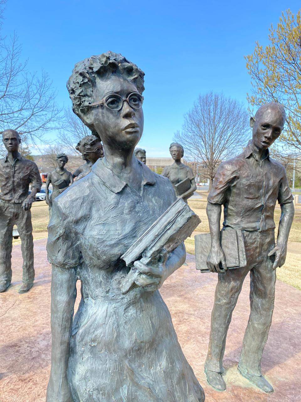 “Testament: The Little Rock Nine Monument,” on the grounds of the Arkansas State Capitol, honors the courage of the first black students to enroll at Little Rock Central High School in 1957. Little Rock artist John Deering created the bronze sculptures.