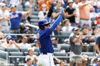 New York Mets' Brandon Nimmo raises his hands in celebration after scoring during the seventh inning of a baseball game against the Cincinnati Reds, Wednesday, Aug. 10, 2022, in New York. (AP Photo/Julia Nikhinson)