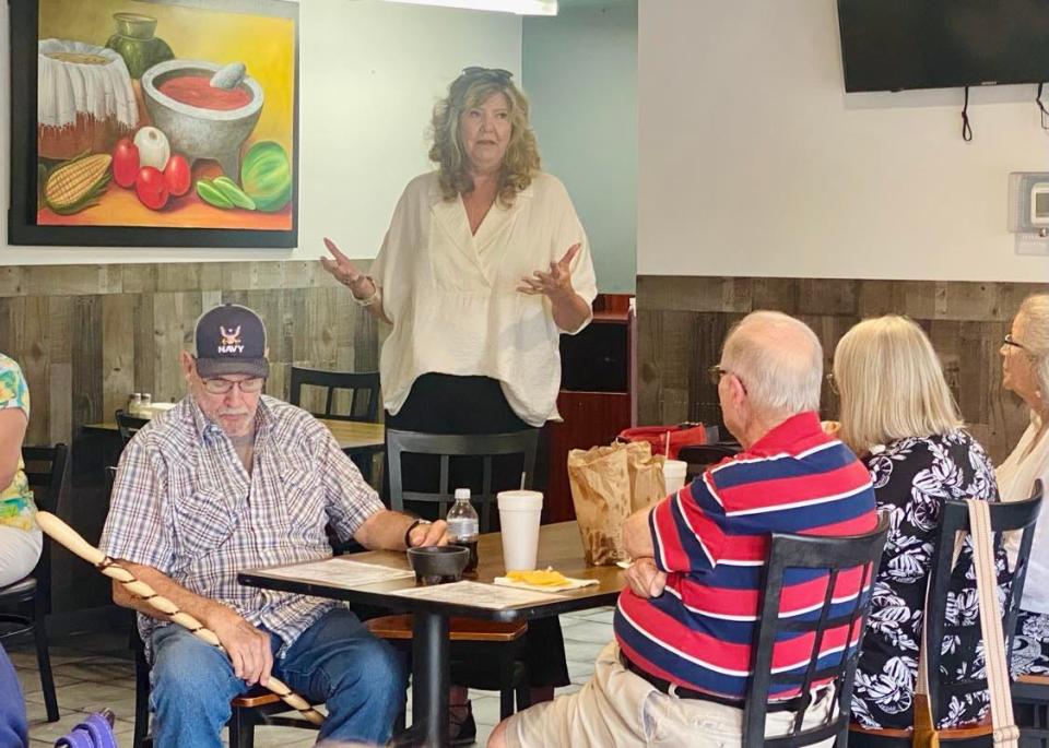 Rep. Gloria Johnson, D-Knoxville, met with nearly three dozen Cannon County Democrats at a restaurant in Woodbury on July 24, 2024. Johnson has visited more than 90 counties during her U.S. Senate campaign.