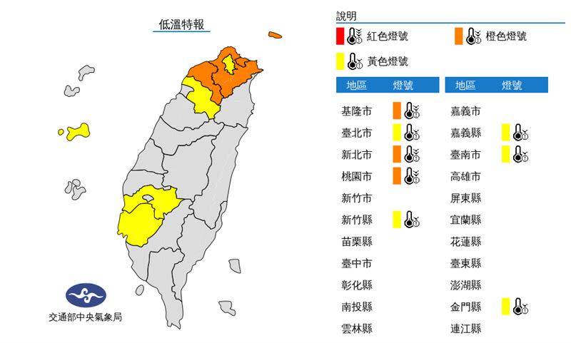 低溫特報縣市一覽（圖／中央氣象局）