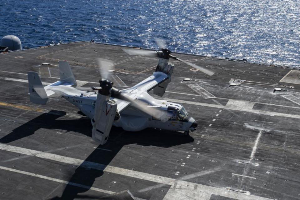 A CVM-22B Osprey, from the "Sunhawks" of fleet logistics multi-mission squadron (VRM) 50, lands on the flight deck of the aircraft carrier USS <em>Nimitz</em> (CVN 68). (U.S. Navy photo by Mass Communications Specialist 3rd Class Joseph Calabrese)