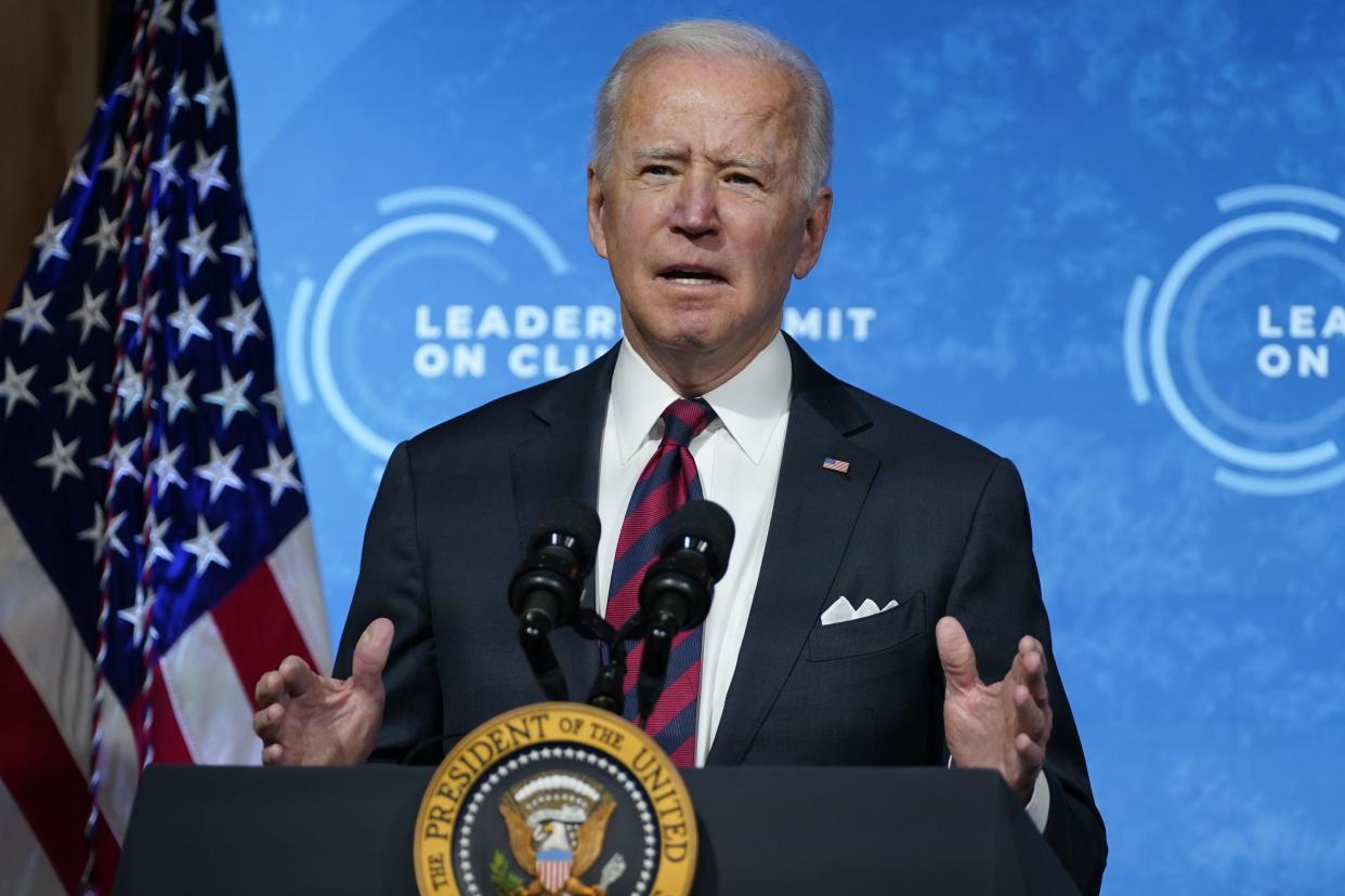 President Joe Biden speaks to the virtual Leaders Summit on Climate, from the East Room of the White House, Thursday, April 22, 2021, in Washington. 