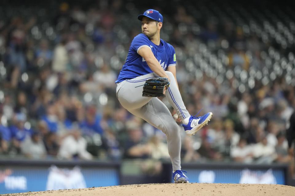 Toronto Blue Jays pitcher Yusei Kikuchi throws during the second inning of a baseball game against the Milwaukee Brewers Tuesday, June 11, 2024, in Milwaukee. (AP Photo/Morry Gash)