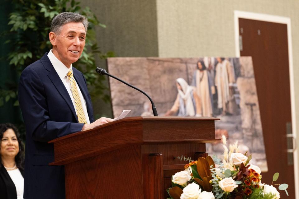 Elder Adilson de Paula Parrella, General Authority Seventy and sssistant executive director of The Church of Jesus Christ of Latter-day Saints’ Temple Department, speaks at a media briefing at a chapel across from the Orem Utah Temple in Orem on Monday, Oct. 23, 2023. | Megan Nielsen, Deseret News