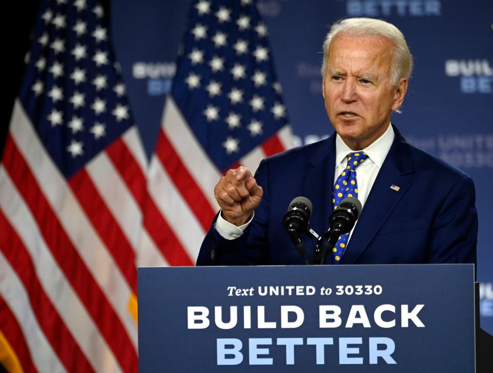 US Democratic presidential candidate and former Vice President Joe Biden speaks during a campaign event at the William "Hicks" Anderson Community Center in Wilmington, Delaware on July 28, 2020. (Photo by ANDREW CABALLERO-REYNOLDS / AFP) (Photo by ANDREW CABALLERO-REYNOLDS/AFP via Getty Images)