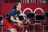 United States' Sue Bird shoots during a women's basketball practice at the 2020 Summer Olympics, Saturday, July 24, 2021, in Saitama, Japan. (AP Photo/Charlie Neibergall)