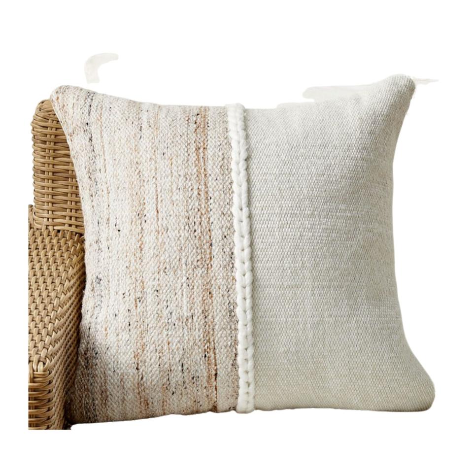 Neutral square outdoor throw pillow with natural, coastal aesthetic