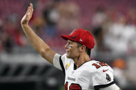 Tampa Bay Buccaneers quarterback Tom Brady (12) waves to the fans after an NFL football game against the Chicago Bears Sunday, Oct. 24, 2021, in Tampa, Fla. (AP Photo/Jason Behnken)