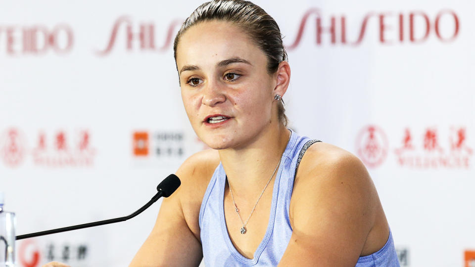 Ash Barty, pictured here speaking to the media after winning the WTA Finals in 2019.