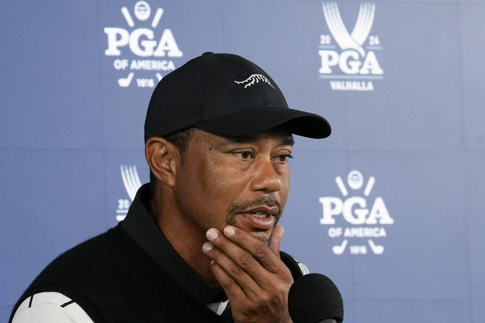 Tiger Woods speaks during a news conference at the PGA Championship golf tournament at the Valhalla Golf Club, Tuesday, May 14, 2024, in Louisville, Ky. (AP Photo/Sue Ogrocki)