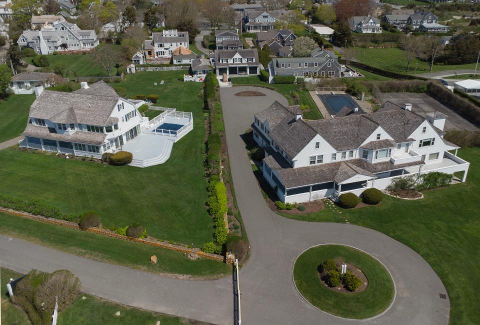 A view of the Kennedy Compound in Hyannisport, looking north. Marchant Avenue is seen in the foreground, with Rose Kennedy's home at right, Ethel Kennedy's home is at left. At top right is JFK's former home, 111 Irving Ave., which is owned by his nephew Ted Kennedy Jr.