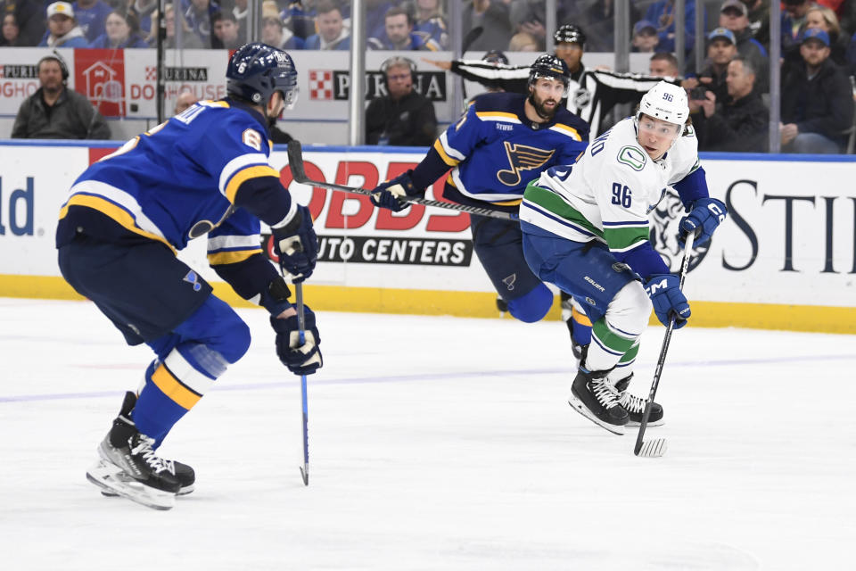 Vancouver Canucks left wing Andrei Kuzmenko (96) skates against St. Louis Blues defenseman Marco Scandella (6) during the first period of an NHL hockey game Thursday, Feb. 23, 2023, in St. Louis. (AP Photo/Jeff Le)