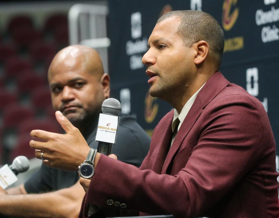 Cleveland Cavaliers head coach J.B. Bickerstaff and General Manager Kobe Altman talk with members of the media on Monday, Sept. 26, 2022 in Cleveland, Ohio, at Rocket Mortgage Fieldhouse.