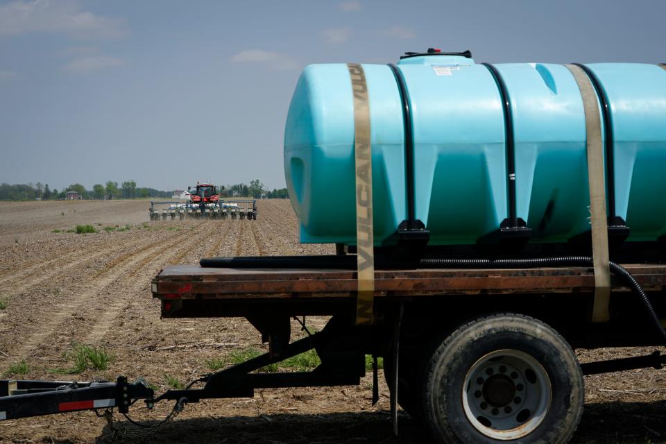 A storage tank that holds liquid nitrogen fertilizer is ready to be used by grain farmer Scott Stickley.