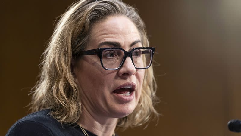 Sen. Kyrsten Sinema, I-Ariz., questions Defense Secretary Lloyd Austin before a Senate Appropriations Committee hearing to examine the national security supplemental request, on Capitol Hill in Washington on Oct. 31, 2023.