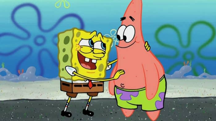 Spongebob with his hands on Patrick in "SpongeBob SquarePants"