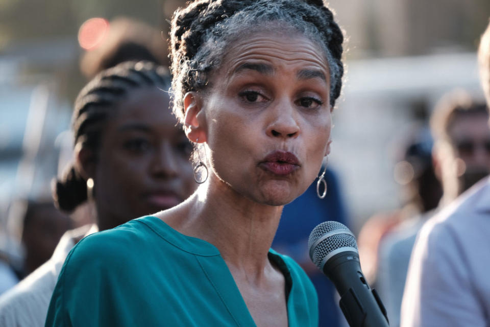 Maya Wiley speaks at a rally the evening before the Democratic primary on June 21, 2021 in the Brooklyn borough of New York City. Wiley, a civil rights attorney who worked as Mayor de Blasio’s legal counsel before her run, is running as a progressive. (Photo by Spencer Platt/Getty Images)