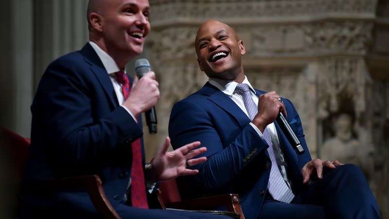 Republican Gov. Spencer Cox of Utah and Democratic Gov. Wes Moore of Maryland dig into Cox’s initiative as Wheatley Institute joins Washington National Cathedral, Wesley Theological Seminary and Deseret Magazine in organizing and hosting an evening forum on “Disagreeing Better” in Washington, D.C., on Wednesday, Feb. 21, 2024.