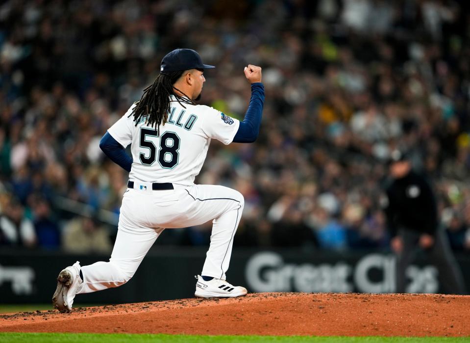 Seattle Mariners starting pitcher Luis Castillo reacts after the top of the third inning against the Cleveland Guardians in an opening day baseball game Thursday, March 30, 2023, in Seattle. (AP Photo/Lindsey Wasson)