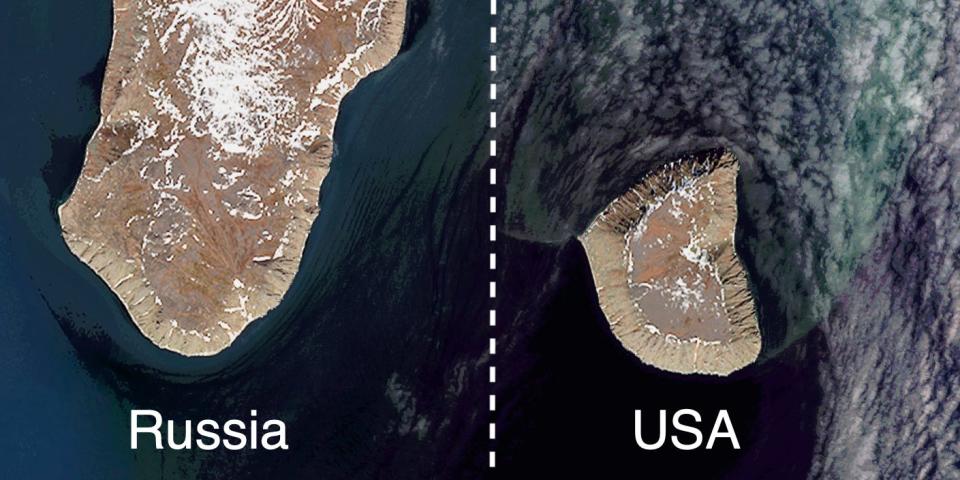 Big Diomede Island, Russia (left) and Little Diomede Island, AK, United States of America (right).