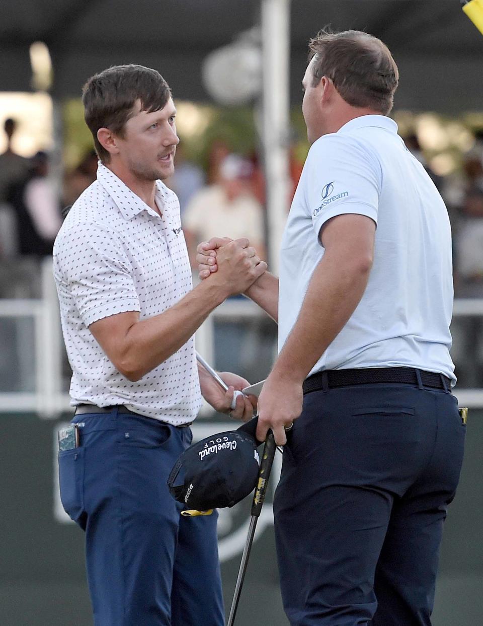 Sepp Straka (right) has lost two tournaments in playoffs in the last three months. One was to Mackenzie Hughes (left) in the Sanderson Farms Championship.