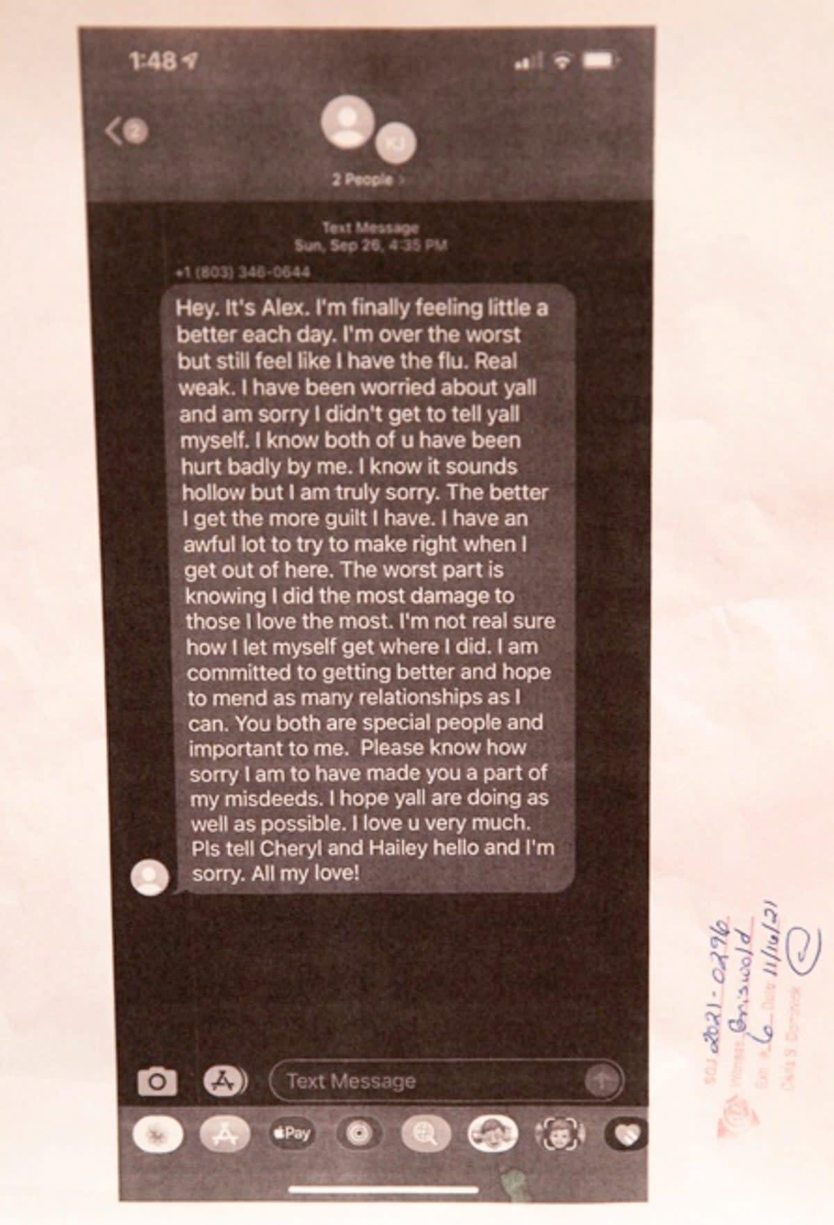 Text message Alex Murdaugh sent to his paralegal apologising for stealing funds (Post and Courier/Pool)