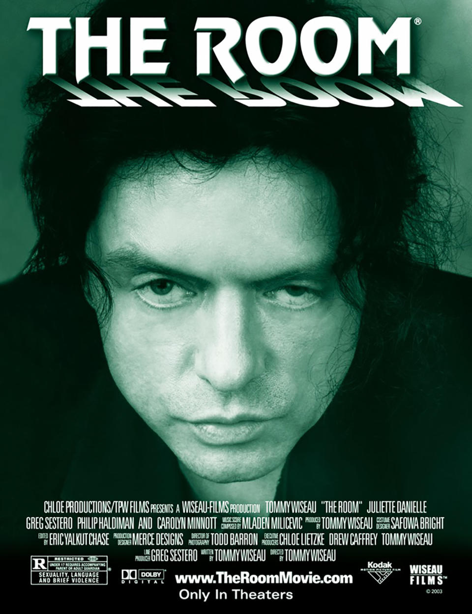 Movie poster for "The Room" featuring Tommy Wiseau with a serious expression. Text includes cast and "Only In Theaters" tagline