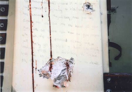 A blood-stained message that prosecutors say Boston Marathon bombing suspect Dzhokhar Tsarnaev wrote on the inside of a boat is seen with bullet holes in an undated evidence picture shown to jurors in Boston March 10, 2015. REUTERS/U.S. Department of Justice/Handout via Reuters