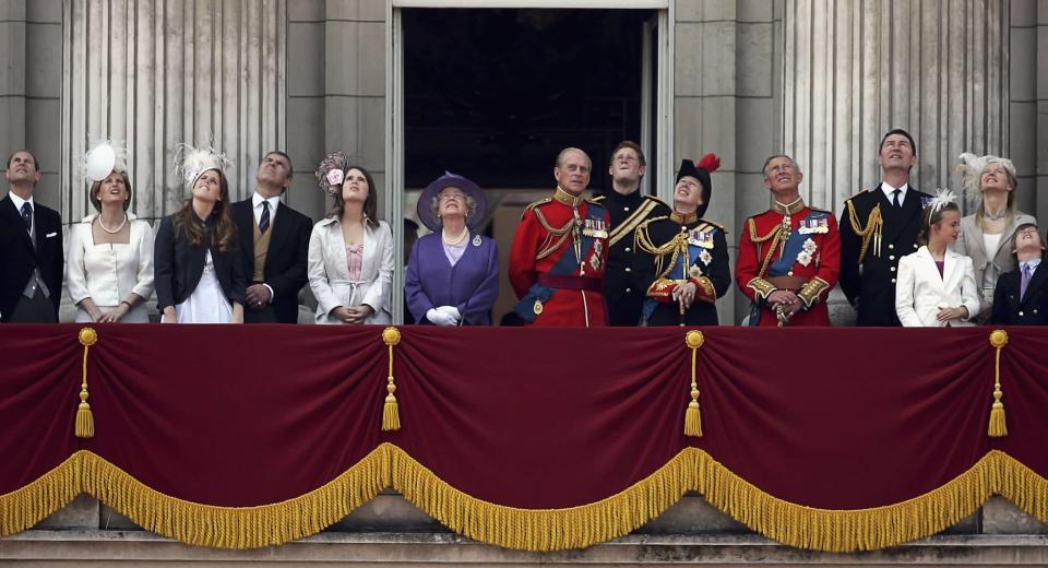 <p>Pictured: Prince Edward, Sophie, Duchess of Sussex, Princess Beatrice, Prince Andrew, Princess Eugenie, Queen Elizabeth II, Prince Philip, Prince Harry, Princess Anne, Prince Charles, Timothy Laurence, and Lady Helen Windsor. </p>