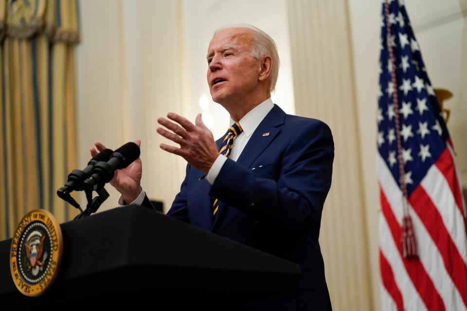 President Joe Biden delivers remarks on the economy in the State Dining Room of the White House in Washington (AP)