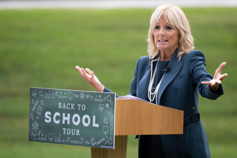 Jill Biden, the wife of Democratic presidential candidate Joe Biden, speaks during a Back to School Tour at Shortlidge Academy in Wilmington, Delaware, on September 1, 2020.