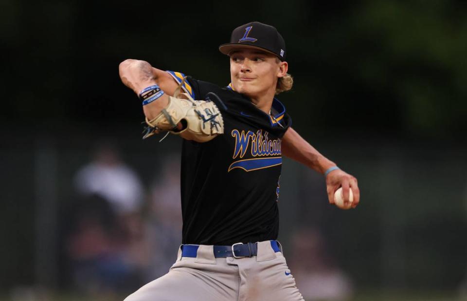 Brandon Cromer (2) of Lexington pitches during the SCHSL Class 5A Baseball State Championship at Ashley Ridge High School in Summerville on Friday, May 24, 2024.