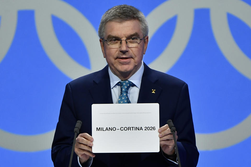 International Olympic Committee (IOC) president Thomas Bach announced on Monday that Milan-Cortina had been awarded the 2026 Winter Games. (Photo by FABRICE COFFRINI/AFP/Getty Images)