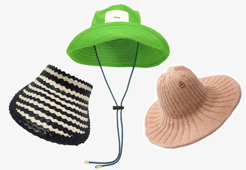 From left: Poppy + Sage’s two-tone straw sun visor, Kkco’s “Gardener Hat,” Myssy’s “Merimasku Myssyhattu.” (Products not to scale) - Credit: WWD